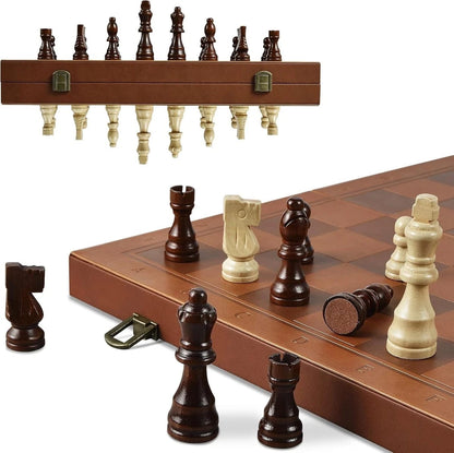 Premium Folding Wooden Chess Set with Leather Finish Board & Wooden Staunton Chess Pieces Ali Sports