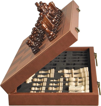Premium Folding Wooden Chess Set with Leather Finish Board & Wooden Staunton Chess Pieces Ali Sports