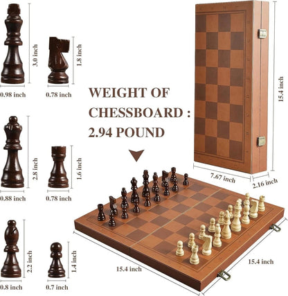 Premium Folding Wooden Chess Set with Leather Finish Board & Wooden Staunton Chess Pieces Ali Sports
