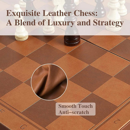 Premium Folding Wooden Chess Set with Leather Finish Board & Wooden Staunton Chess Pieces Ali Sports