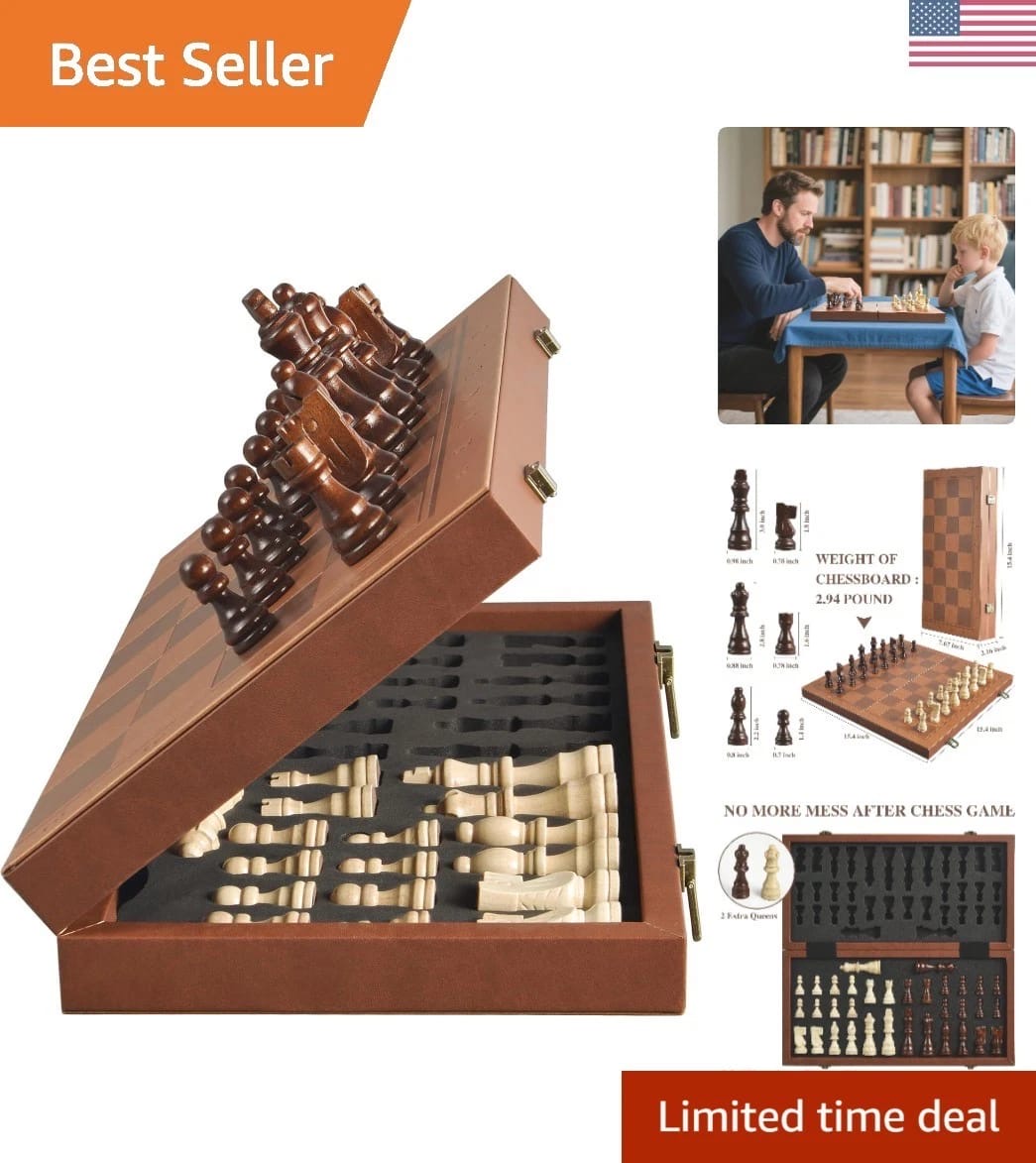 Premium Folding Wooden Chess Set with Leather Finish Board & Wooden Staunton Chess Pieces Ali Sports