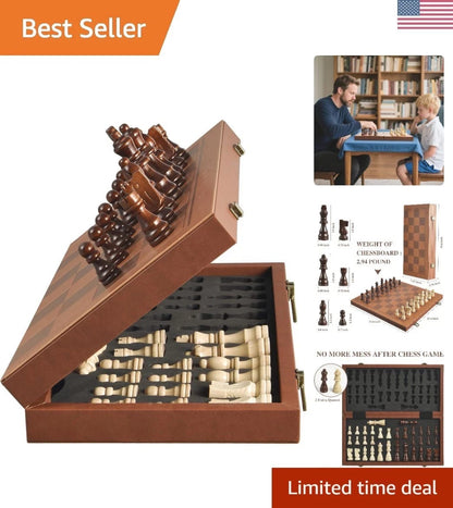 Premium Folding Wooden Chess Set with Leather Finish Board & Wooden Staunton Chess Pieces Ali Sports