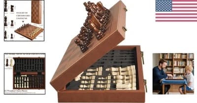 Premium Folding Wooden Chess Set with Leather Finish Board & Wooden Staunton Chess Pieces Ali Sports