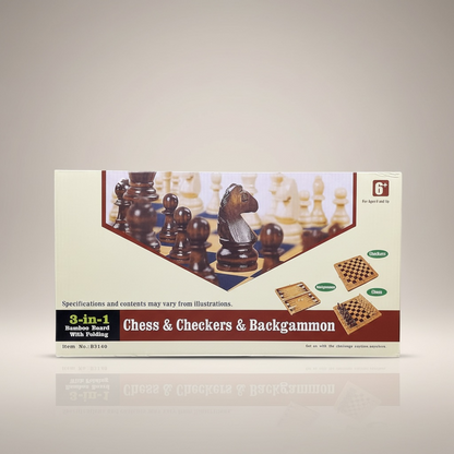 Executive Edition Wooden Bamboo Folding Chess, Checkers & Backgammon Set