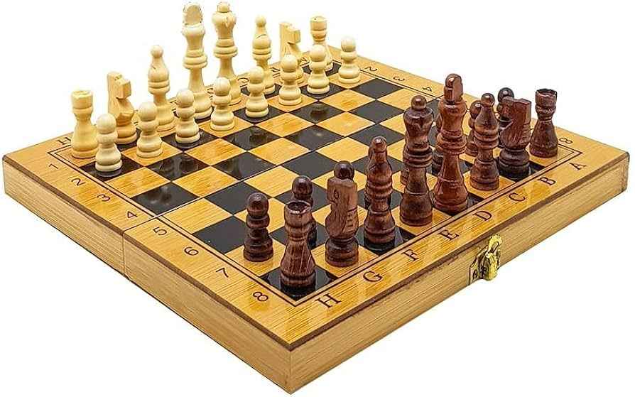 Executive Edition Wooden Bamboo Folding Chess, Checkers & Backgammon Set