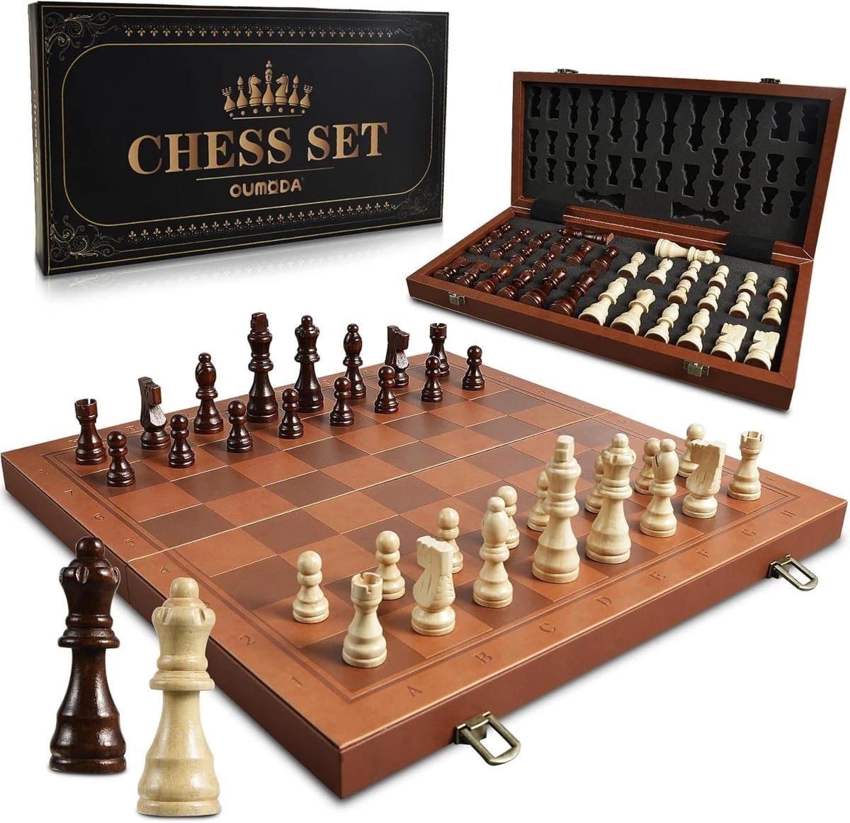 Premium Folding Wooden Chess Set with Leather Finish Board & Wooden Staunton Chess Pieces Ali Sports